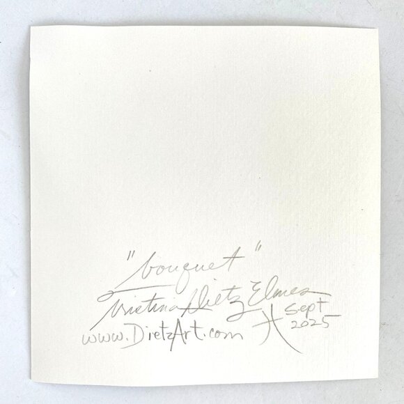 Bouquet Original Watercolor and Ink Painting White Mat 8x8in Frame Ready Art - Picture 5 of 5